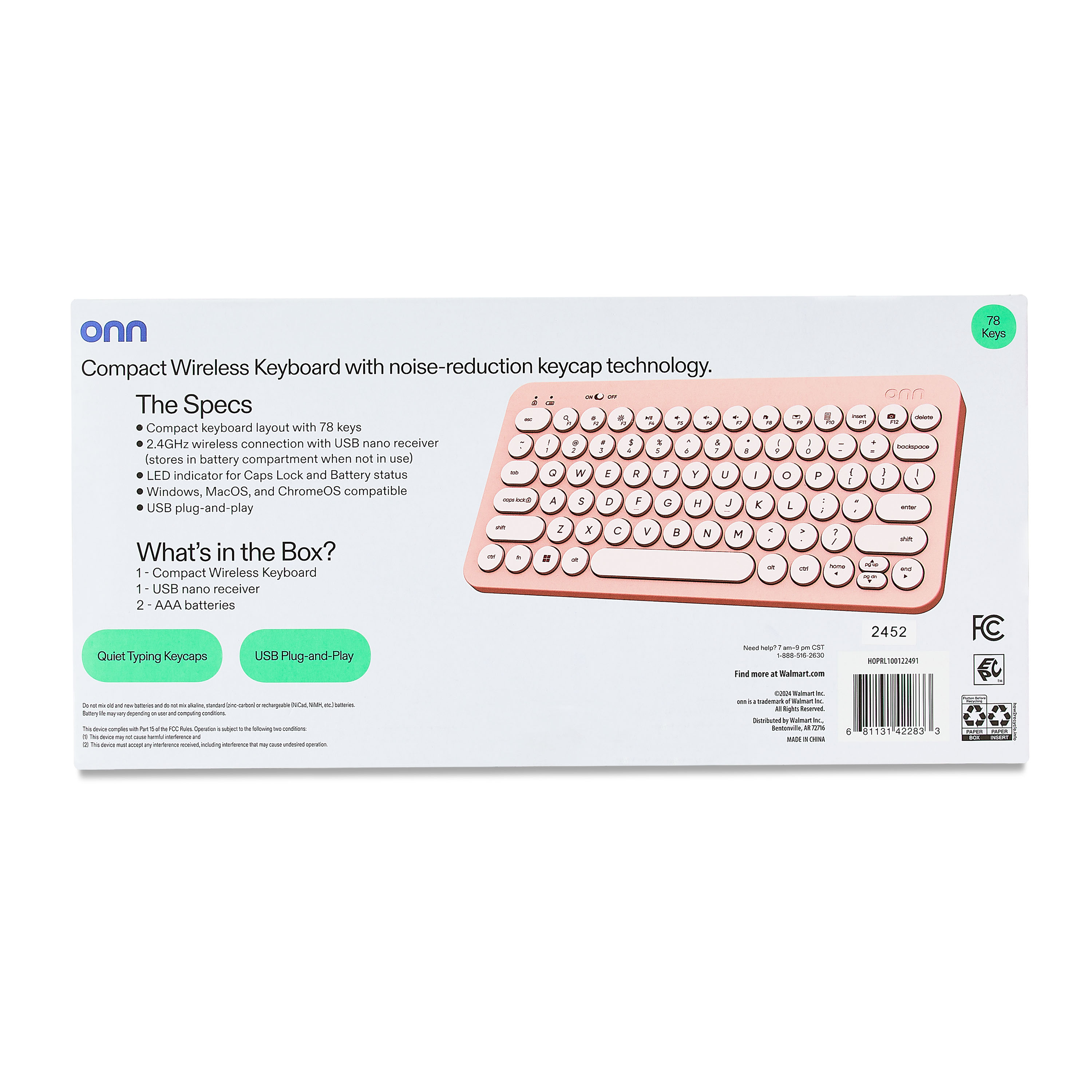 Teclado inalámbrico mini onn para oficina con receptor USB, rosa perlado 7