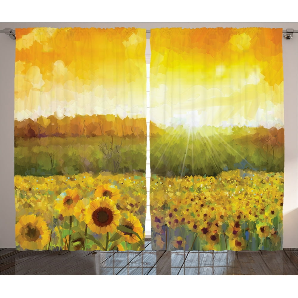 Sunflower Decor Curtains 2 Panels Set, Landscape Art With A Golden