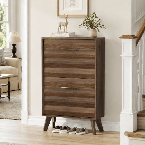 23.6" Slim Flip-Top Shoe Cabinet, Walnut Wood Entryway Shoe Storage Cabinet with Double Tilt-Out Doors, Open Shelf, Mid-Century Modern Freestanding Shoe Organizer for Entryway & Hallway