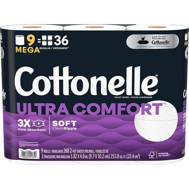 Tissu de Toilette Solide - 9 Méga Rouleaux (9 Méga Rouleaux 36 Rouleaux Réguliers), 268 Feuilles par Rouleau - Ultra Confort