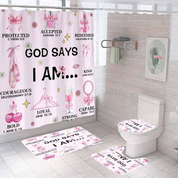 4PCS Preppy Shower Curtain Sets with Rugs, Pink Shower Curtain, Inspirational Quotes Pink Bow Coquette Bowknot Lipstick Makeup Whiter Floral Cute Cherry Girly Aesthetic Groovy Bathroom Decor