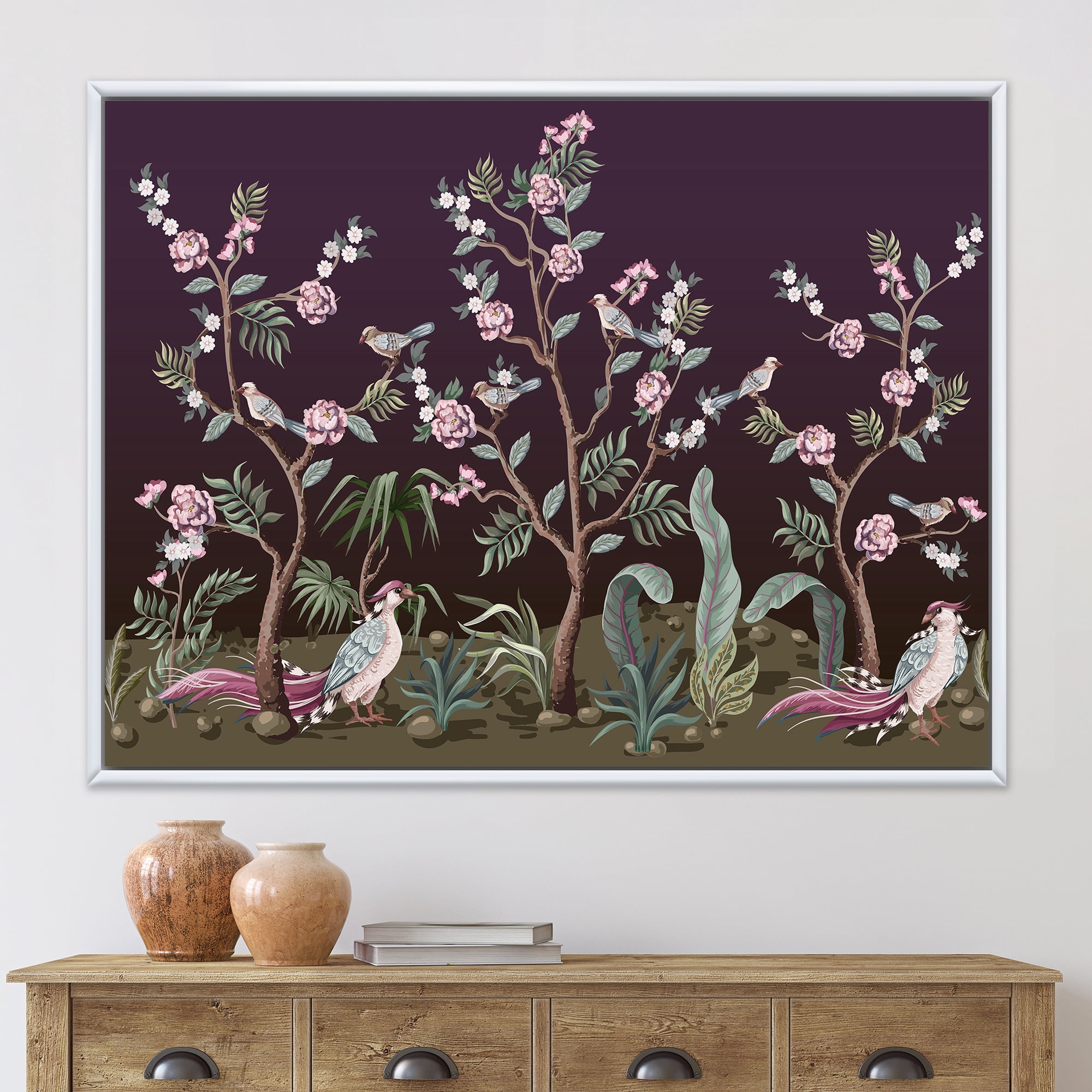 Designart 'Chinoiserie With Peonies and Birds I' Traditional Framed Canvas Wall Art Print