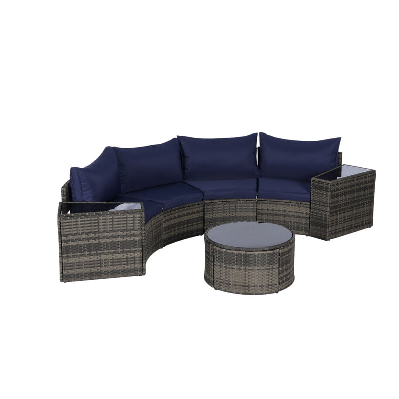 7-Piece Patio Furniture Set with Round Coffee Table, All Weather Wicker PE Rattan Half-Moon Curved Sectional Sofa Set with 2 Side Table for Backyard