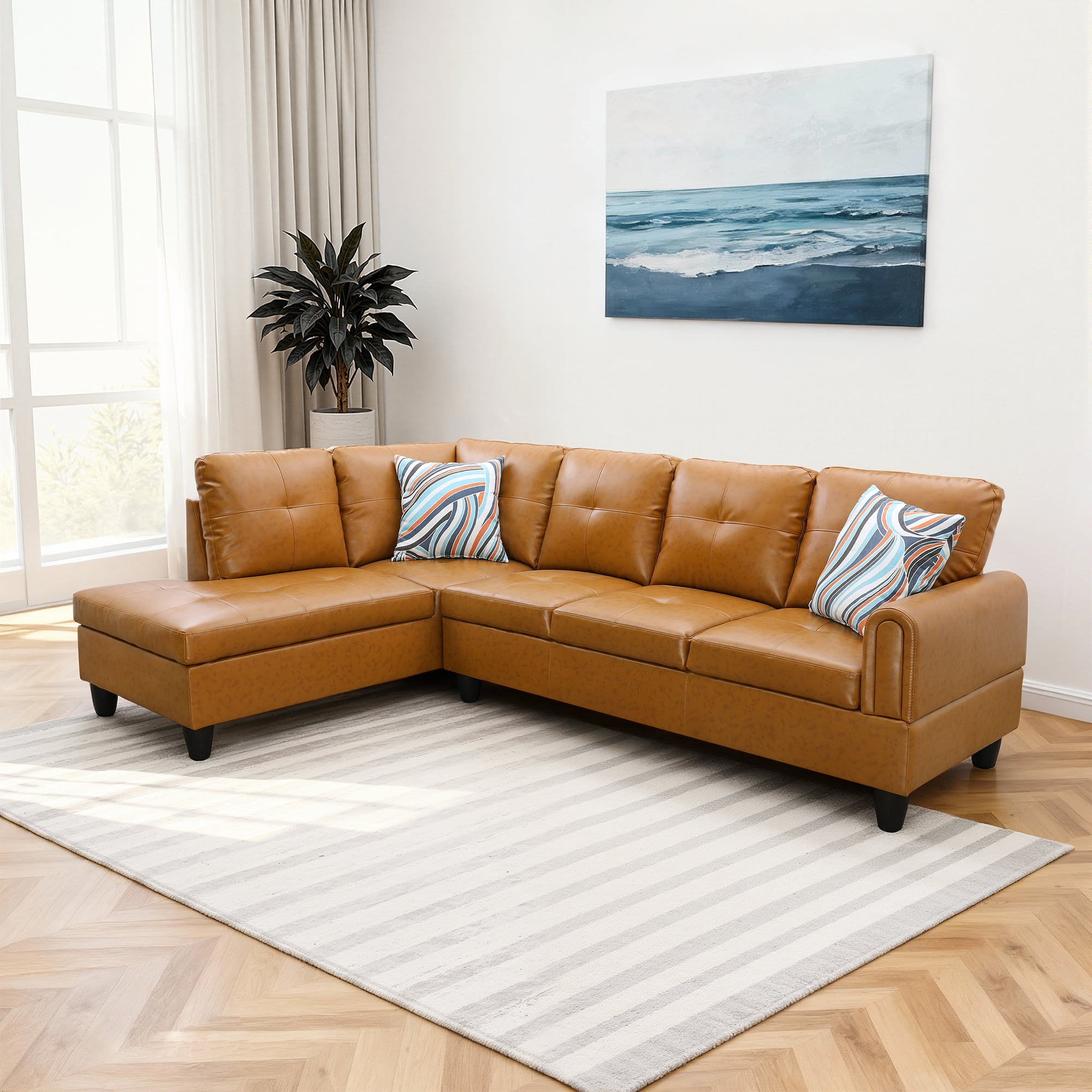 MAYEERTY 97" Faux Leather Sectional Sofa, 2-Piece Couch Living Room Sofa Set without Ottoman, Ginger (Left)