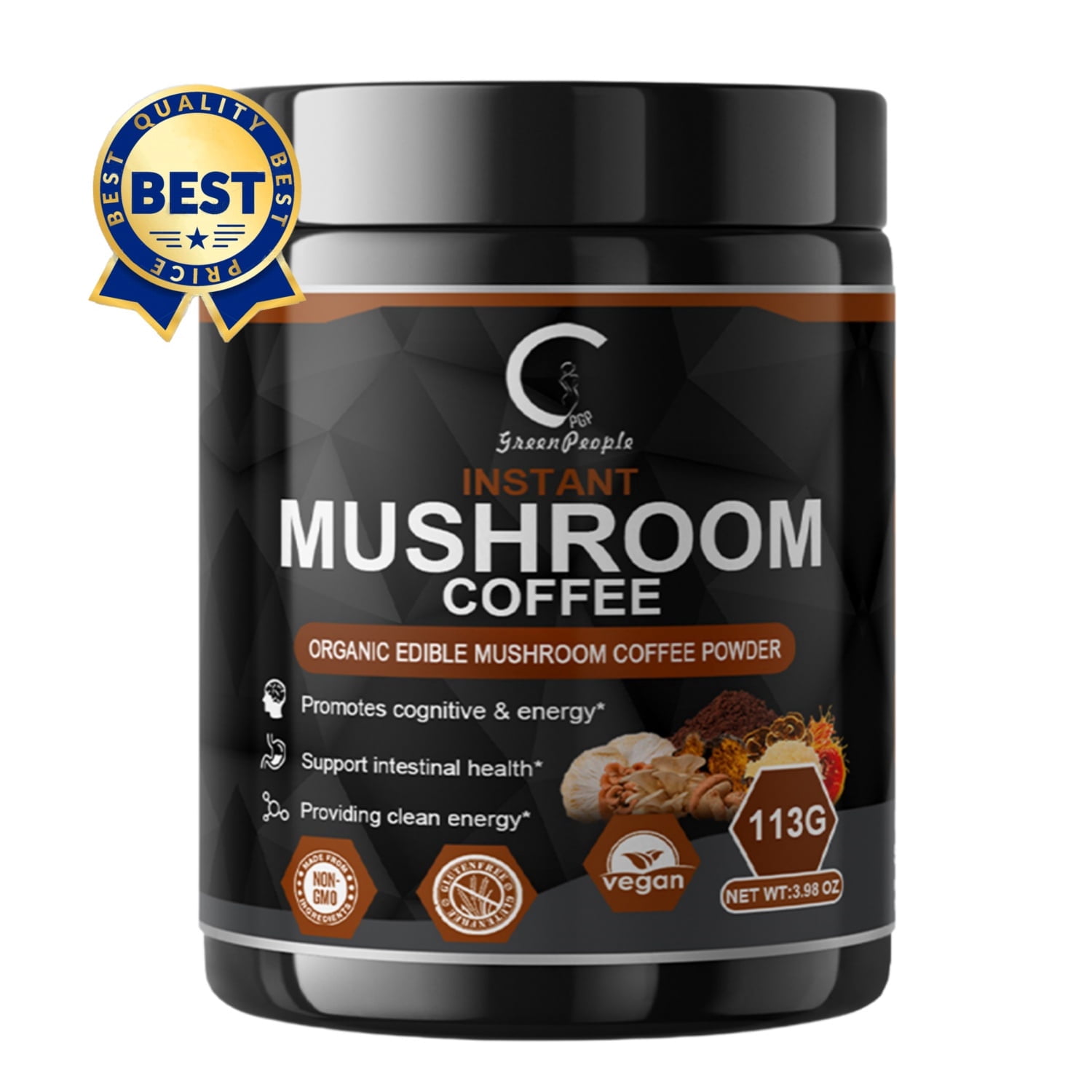 Mushroom Coffee Instant Powder with Adaptogen Blend (Lion's Mane, Reishi, Chaga, Cordyceps), Low Caffeine Coffee Alternative for Focus, Energy & Immune Support - 3.98oz