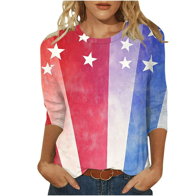 UPPADA T-Shirts à Manches 3/4 du 4 Juillet pour Femmes Été Hauts American Flag T-Shirts Patriotiques Independence Day Col Rond Coupe Ample T-Shirt, Chemise Rouge pour Femmes Rouge, G