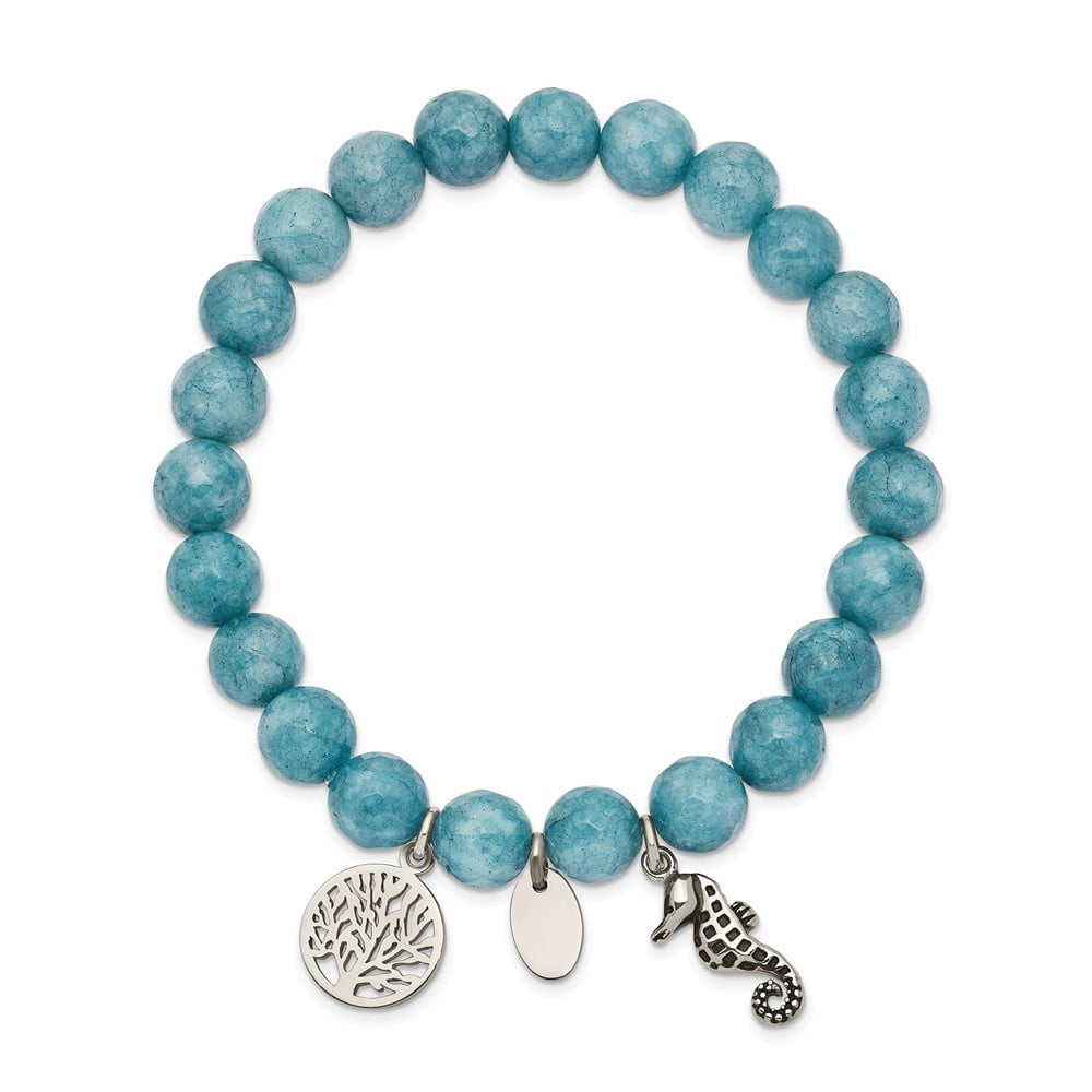 Diamond2Deal Stainless Steel Seahorse and Tree of Life 8mm Blue Dyed Jade Beaded Stretch Bracelet for Women 6.25"