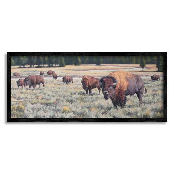 Stupell Industries Bison Herd Rural Stream Animals & Insects Photography Black Framed Art Print Wall Art, 24 x 10