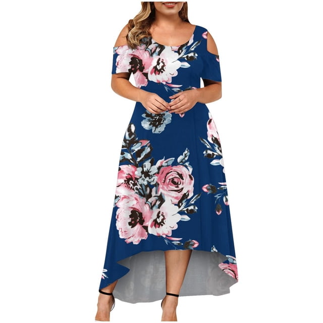 Frostluinai Summer Dresses For Women 2022 Spring Savings Casual Dresses Ruffle Strapless Splicing Sleeveless Plus Size Maxi Dress Crew Neck Floral Print Off The Shoulder Loose Long Dress