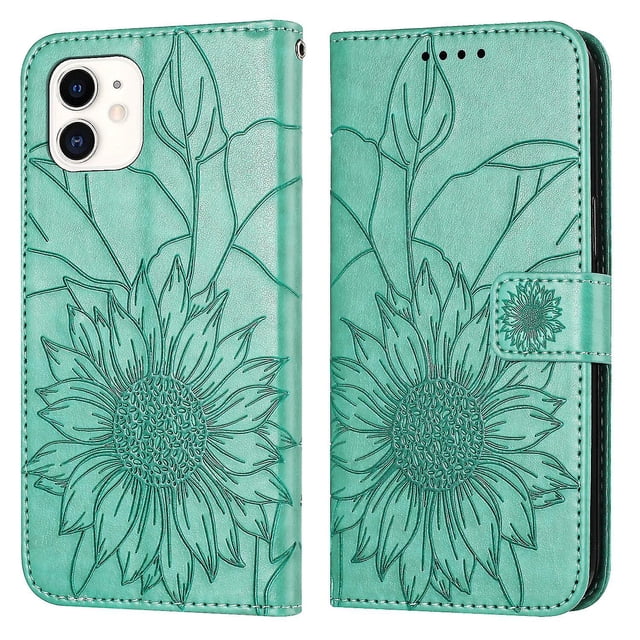 Funda tipo cartera con girasoles grabados para iPhone 11, multifuncional, elegante y con protección total.