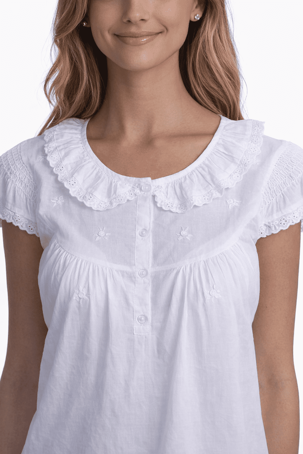 StylesILove Handmade Women Embroidered Eyelet Accent Night Dress White