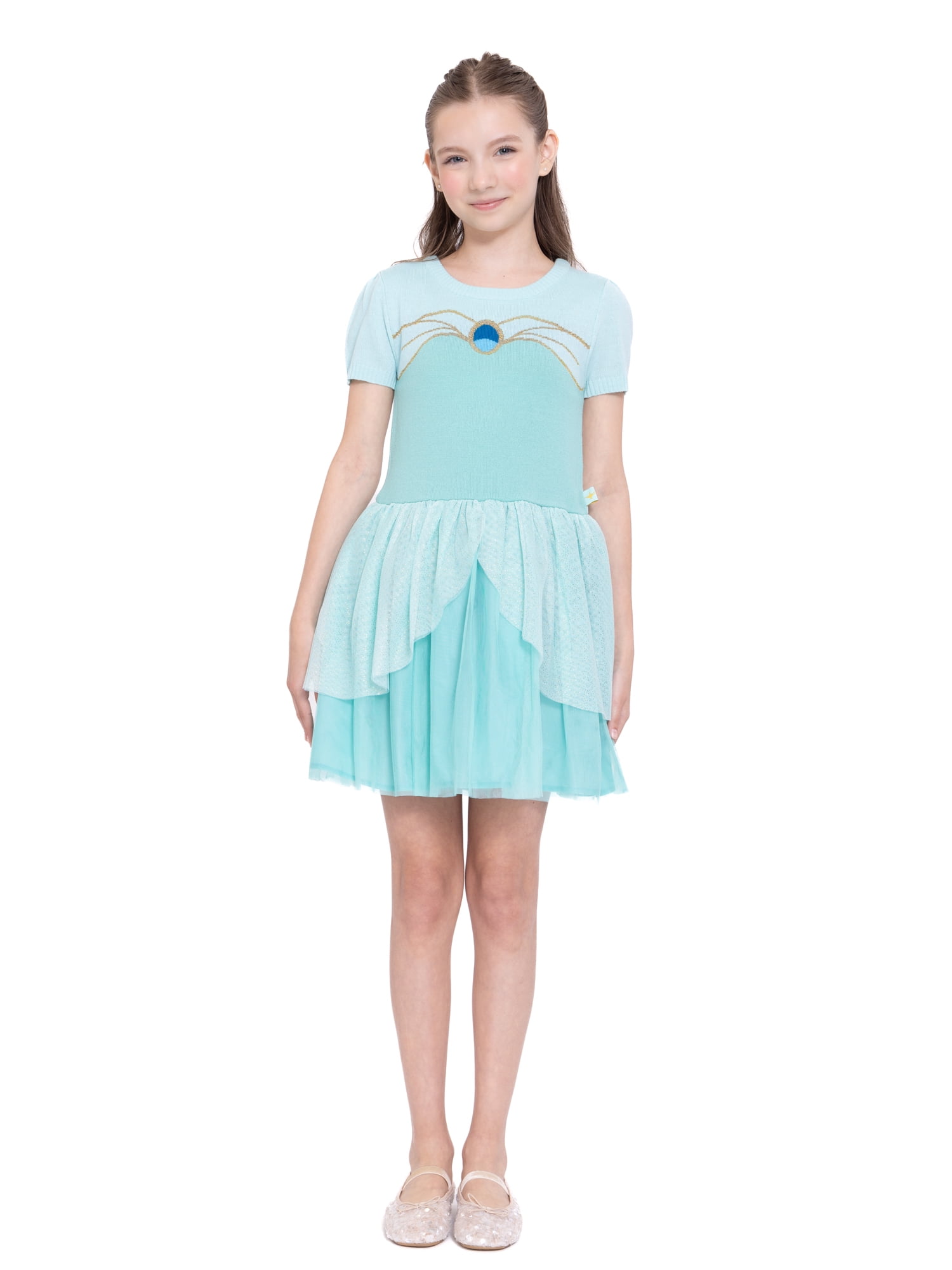 Girls Disney Princess Jasmine Cosplay Short Sleeve Sweater Dress, Sizes 4-12