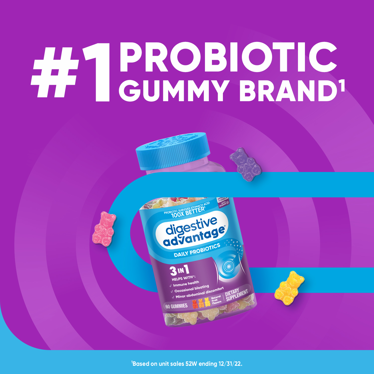 Digestive Advantage Daily Probiotic Gummies, Natural Fruit Flavors - 60 Gummies - image 3 of 10