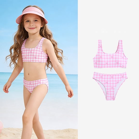 XIYON Kids Girls Swimwear 2 Pieces Sleeveless Plaid Bow Print Tankini Top And Shorts Fashion Breathable Swimsuit For Beach Pool Party,Pink,7-8 Years