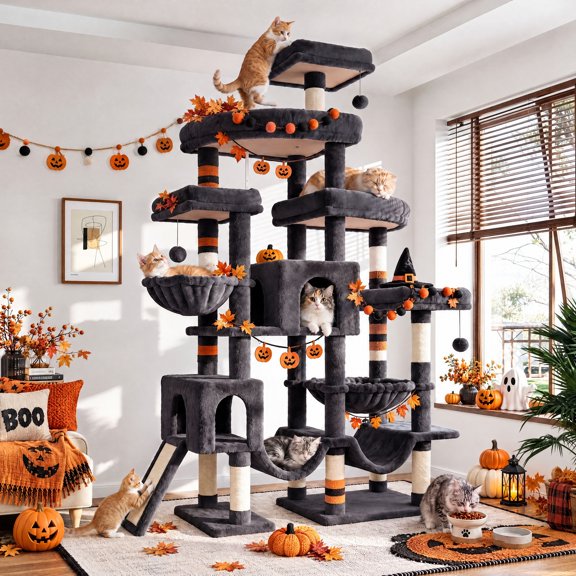 Merrland 83" Multi-Level Large Cat Tree with 2 Condos, Plush Perches, Sisal Scratching Posts, Hammocks & Toys for All Cats, Dark Blue