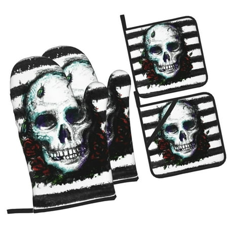 

Haiem Watercolor Skull Print Extra Long Oven Mitts and Pot Holders 4pc Sets: Heat Resistant Silicone Oven Mittens with Mini Oven Gloves and Hot Pads Potholders