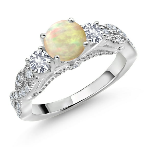 Gem Stone King 925 Sterling Silver White Ethiopian Opal White Created Sapphire and White Moissanite Engagement Ring for Women (1.09 Cttw, Gemstone, Round Cabochon 6MM and 3MM, Size 9)
