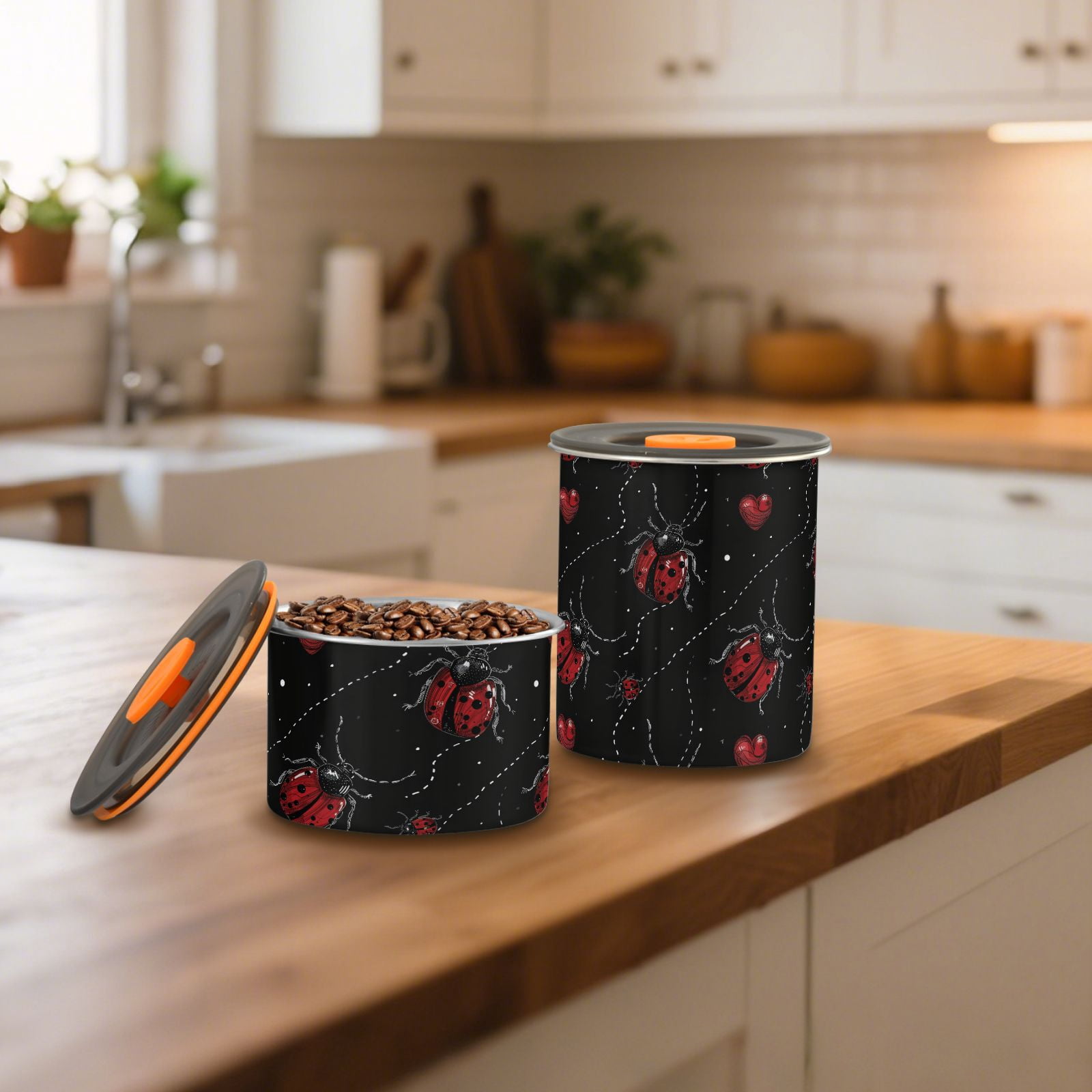 Lady Bug Heart Airtight Coffee Bean Canister 30oz Food Storage Containers with Lids For Gournd, Tea, Sugar, Flour, Rice, Cereal, Candy Cookie Jar
