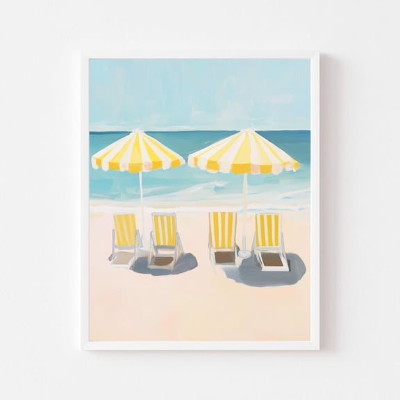 Yellow Beach Umbrellas Preppy Coastal Wall Art, Unframed Paper Print Size 8x12
