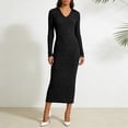 thumbnail image 2 of QHFBli Womens Ribbed Knit Sweater Dress Casual Long Sleeve V Neck Bodycon Pleated A Line Long Dress Streetwear, 2 of 4