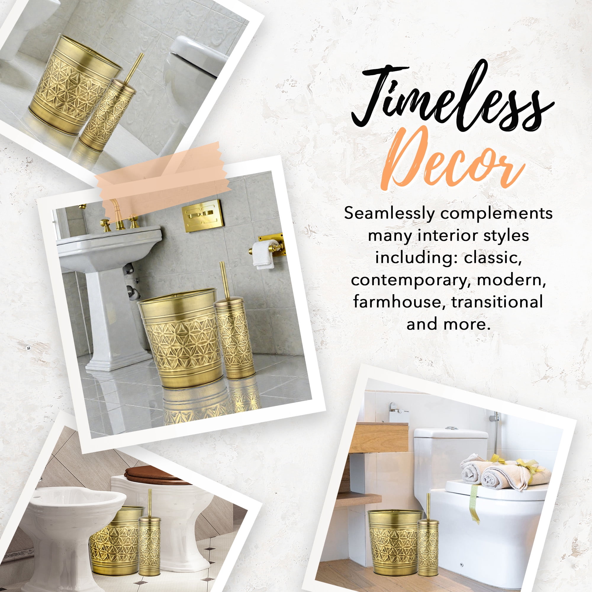 Autumn Alley Toilet Brush and Holder Set with Brushed Brass Bathroom Trash Can – Vintage Brass Bathroom Accessories Garbage Can Set for Rustic and Modern Bathroom Décor