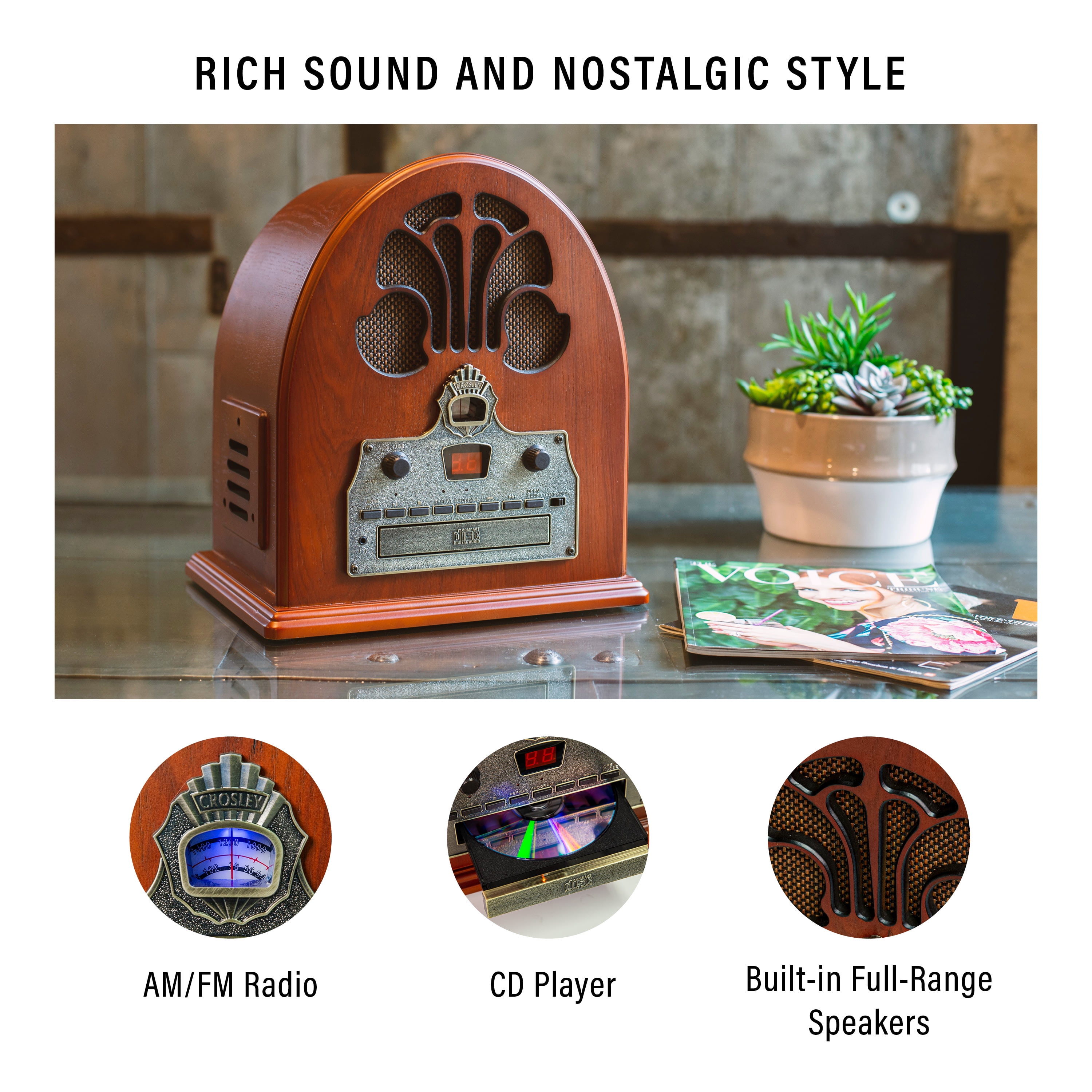 Crosley Cathedral Radio CD Player with Bluetooth & AM/FM, AC-Powered Tabletop Radio CR32D-PA