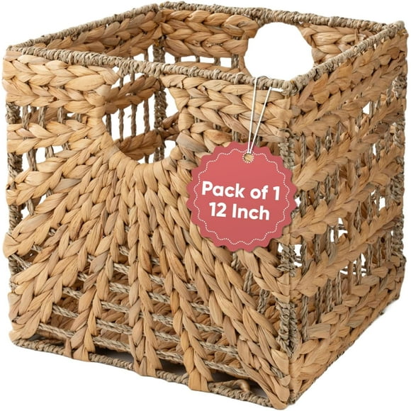 Journee Home Wicker Storage Cubes for IKEA Kallax, Hyacinth Baskets for Shelves, Foldable Square Closet Organizer Bins, Pack 1