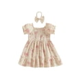 thumbnail image 2 of BemeyourBBs Kids Toddler Baby Girls Summer Smocked Dress Little Girl Cotton Linen Outfit Bow Print Short Sleeve Square Neck Ruffle Dress and Headband Set, 2 of 9