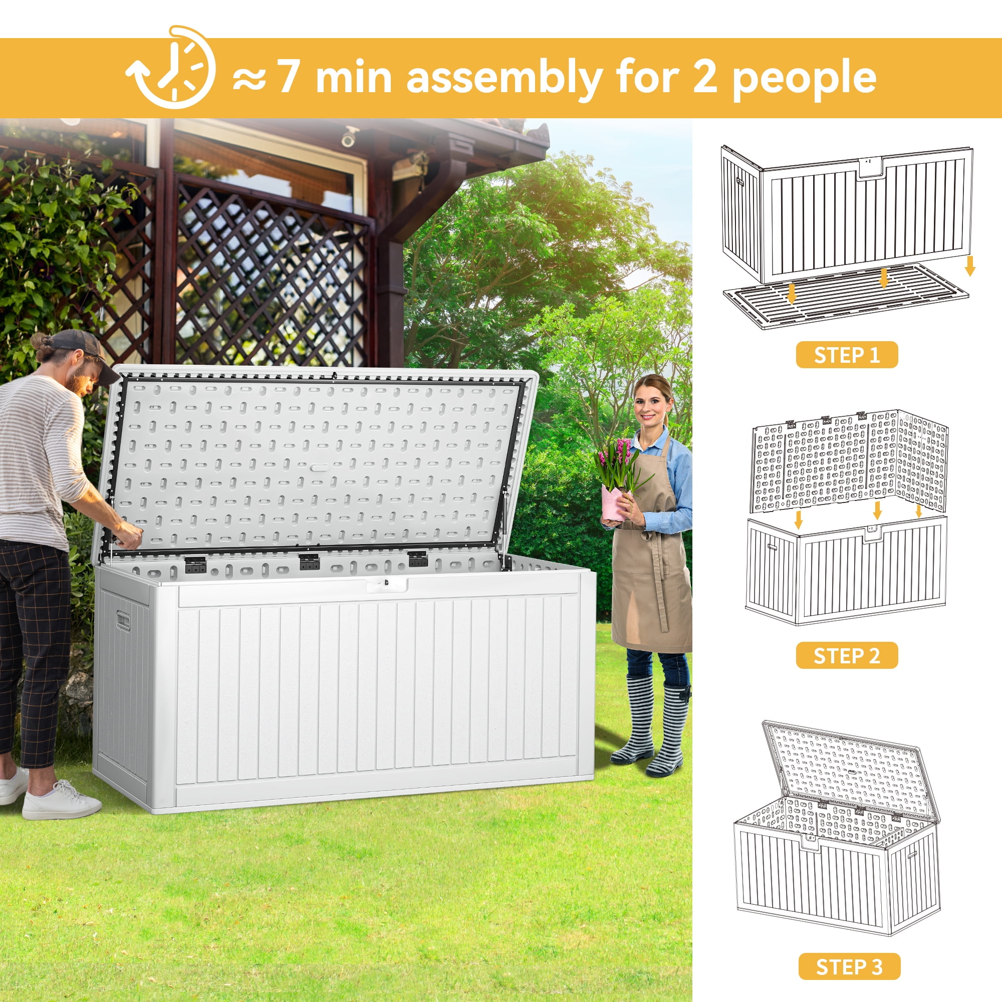 Dextrus 260 Gallon Resin Deck Box, Waterproof Outdoor Storage Box with Divider, Lockable, White