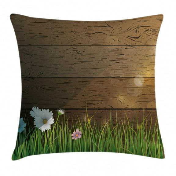 Watercolor Flower Home Decor Throw Pillow Cushion Cover, Daisy Field in front of Wooden Fence Sunny Lush Foliage Theme, Decorative Square Accent Pillow Case, 16 X 16 Inches, Green Brown, by Ambesonne