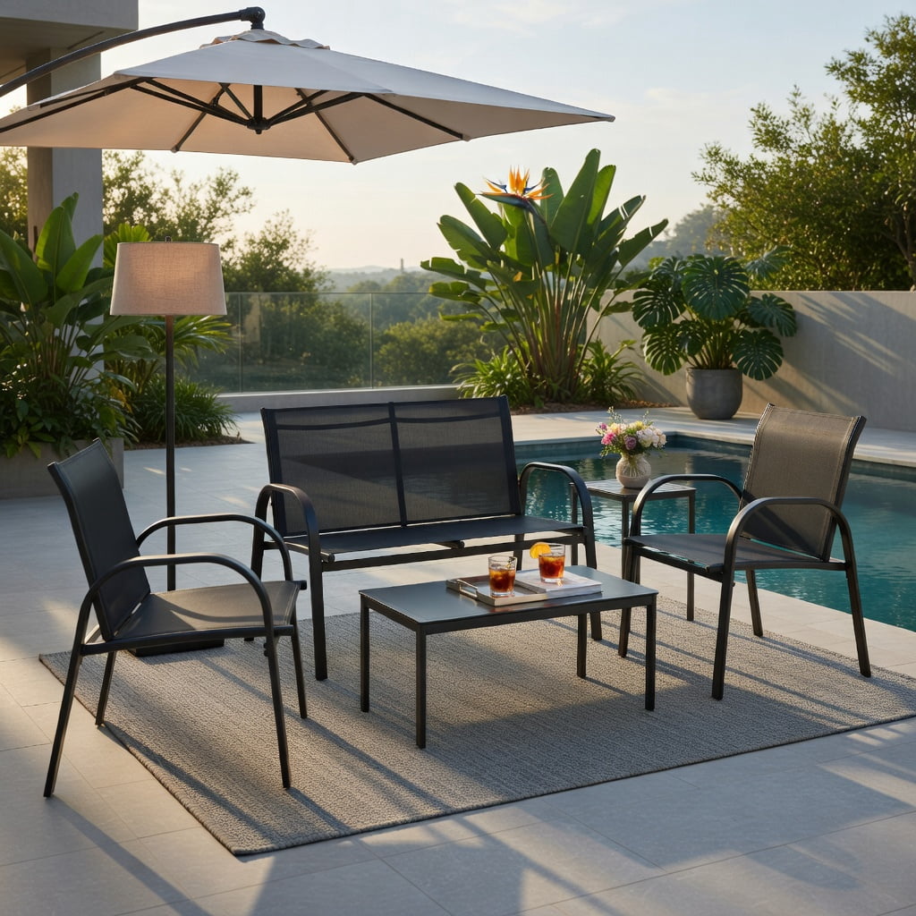 Hommoo 4-Piece Modern Outdoor Patio Furniture Set, Steel Frame Loveseat, Two Single Sofas & Tempered Glass Top Coffee Table for Backyard, Deck or Balcony, Black