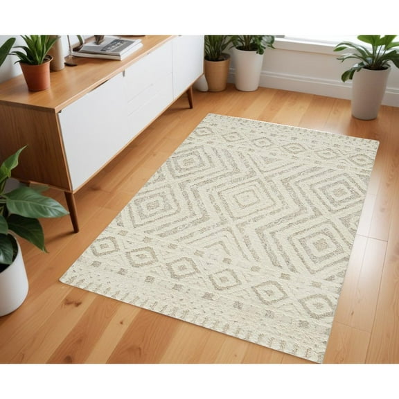 4' X 6' Ivory And Tan Wool Geometric Tufted Handmade Stain Resistant Area Rug