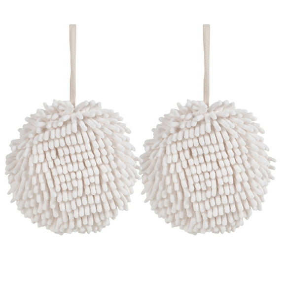 2 Pcs Fuzzy Ball Hand Towels, Microfiber Chenille Hand Towel Balls for Bathroom with Hanging Loop, Soft Fast Drying Decorative Hand Bath Towels (White+White)