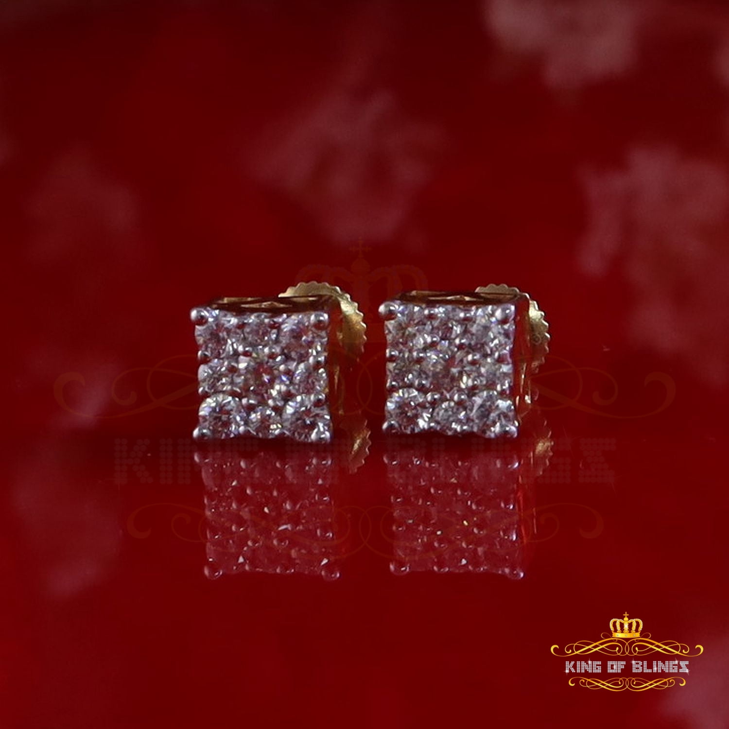 King of Bling's 1.00ct Square Earrings For Mens & Womens Moissanite 925 Sterling Silver Yellow