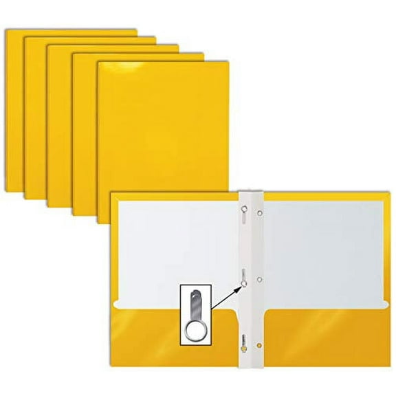 2 Pocket Glossy Yellow Paper Folders with Prongs, 25 Pack, by Better Office Products, Letter Size, High Gloss Yellow Paper Portfolios with 3 Metal Prong Fasteners, Box of 25 Glossy Yellow Folders