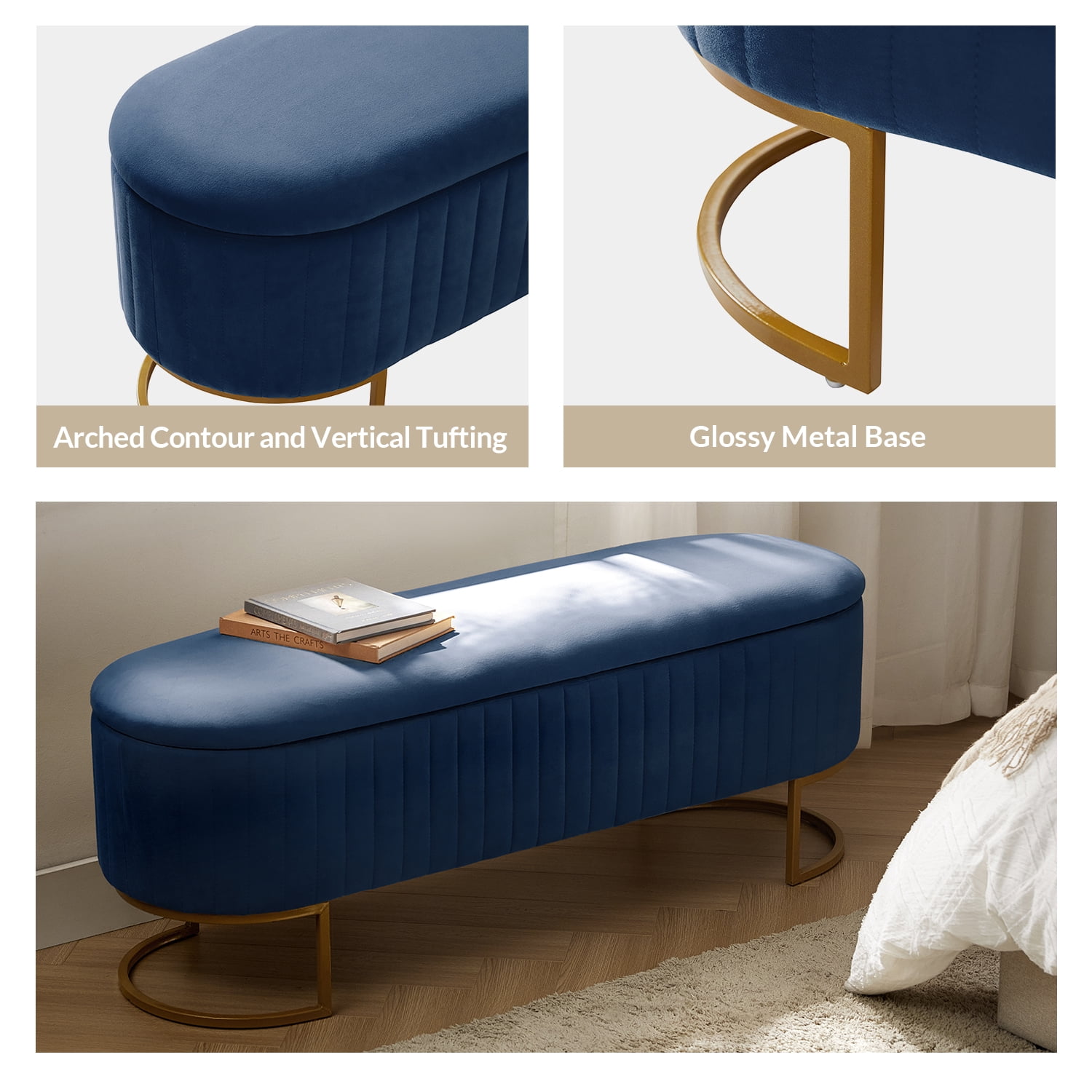 50.5" Upholstered Storage Bench For End of Bed Entryway Bedroom Ottoman Navy