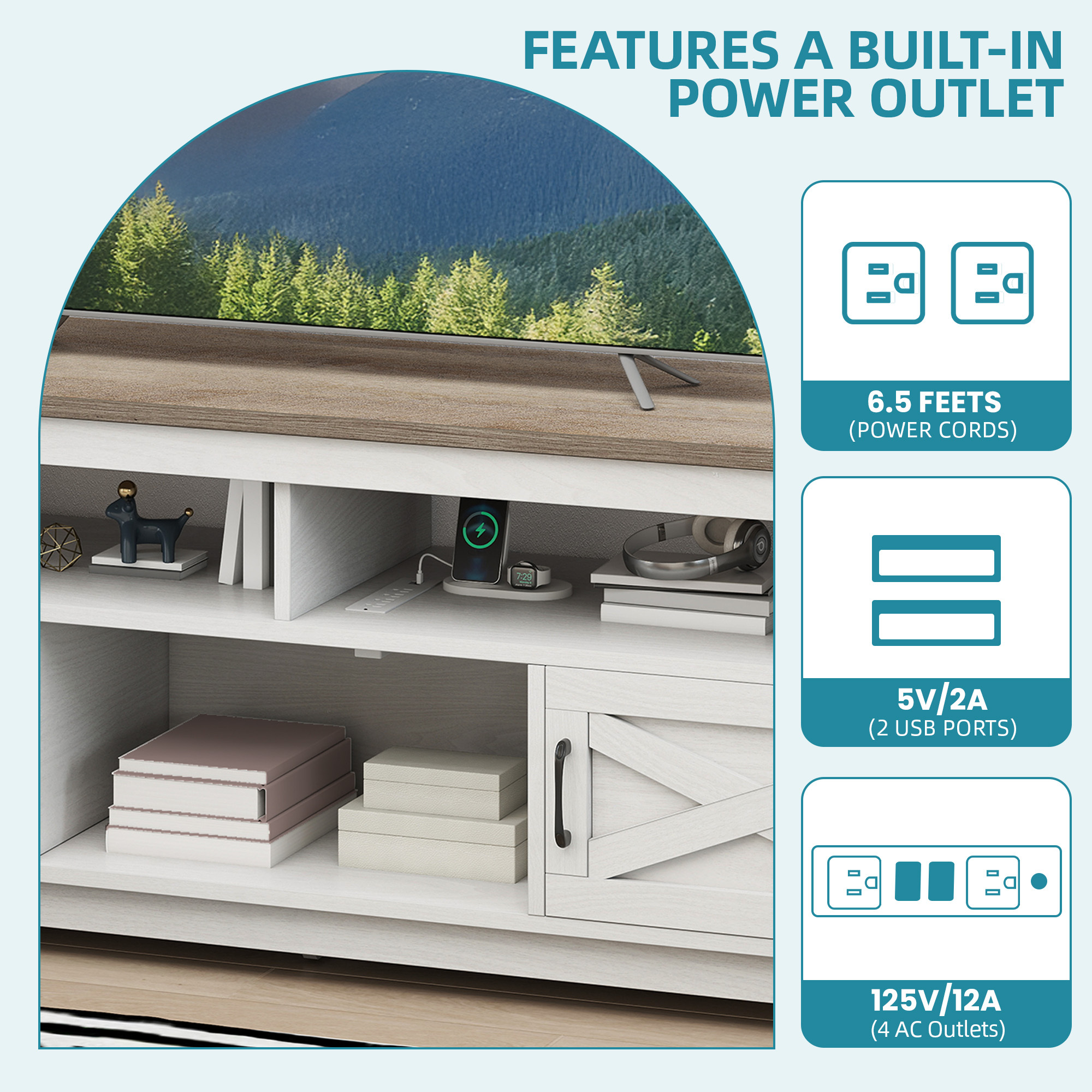 Uforic 65 Inch Farmhouse TV Stand Fits 70/75 Inch Flat Screen TV with RGB Ambient Light, Cable Holes, Built-in Power Station & Multi Storage Space for Living Room, Beige+White