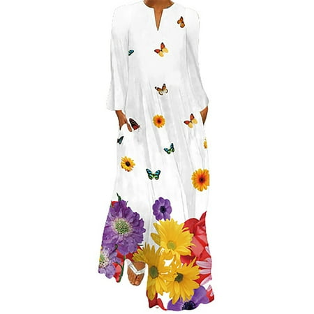 

Ziloco Women s Sexy Digital Printed Long Dress V-neck With Pockets Long Sleeve Dress maternity shapewear for dresses White XL