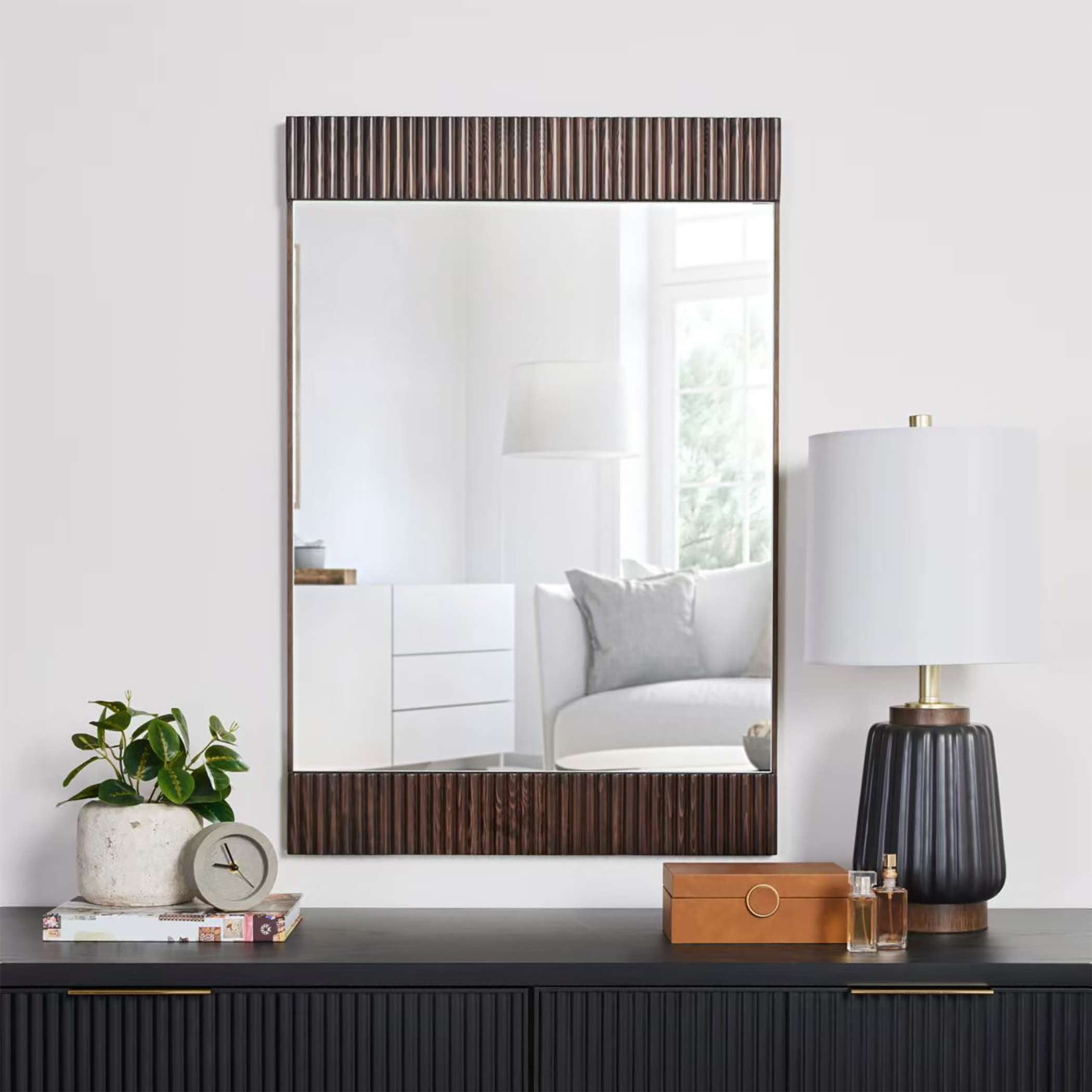 Better Homes & Gardens Lillian 24x36 Walnut Wall Mirror | Ribbed Rectangle Wood Frame for Bathroom, Bedroom, or Entryway