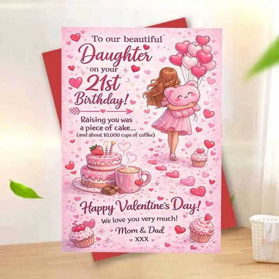 21st Birthday Card for Daughter – Sweet Design with Cake and Balloons – Dual Occasion Card for Birthday and Valentine’s Day – Envelope Included, Perfect Gift from Mom & Dad