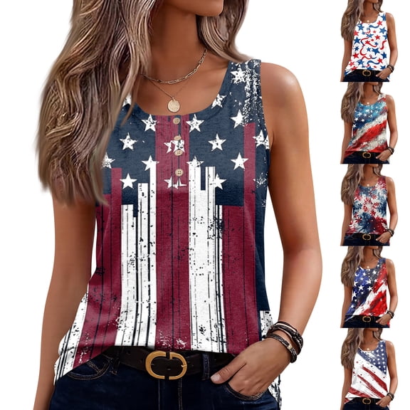 250th Anniversary Tank Tops for Women 2026 - Patriotic Distressed USA Flag Button Neck Sleeveless Tees - 1776-2026 Star Spangled Graphic Tops Dark Blue L