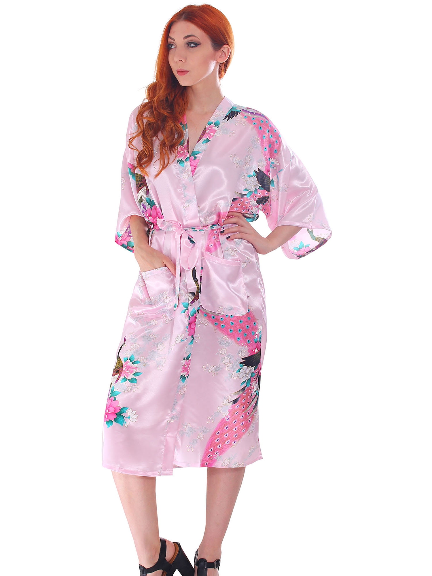 Luxurious Kimono Robe in Silky Peacock Floral Print with Pockets, Pink