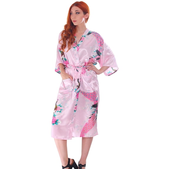 Women's Sakura Blossom Peacock Print Silky Satin Bridesmaid Kimono Robes