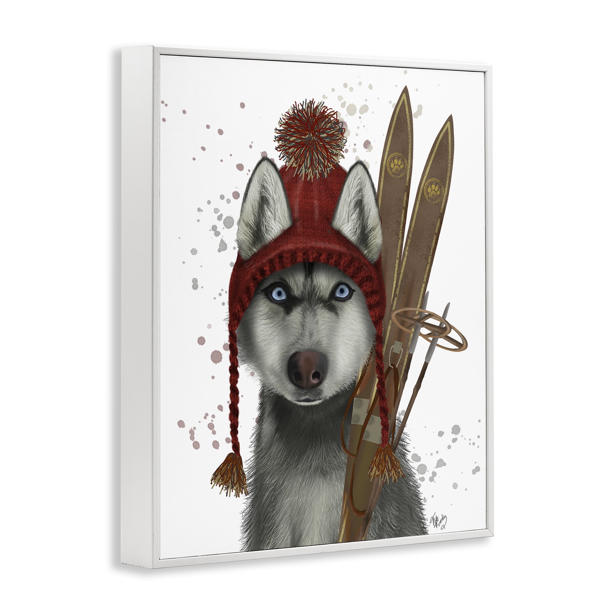 Stupell Industries Husky with Winter Skis Animals & Insects Painting White Framed Art Prints Wall Art, 24 x 30