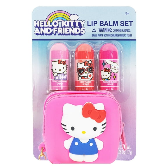 Hello Kitty & Friends 3-Pack Lip Balm Set, Hello Kitty Silicone Keychain Bag, Kids Ages 3