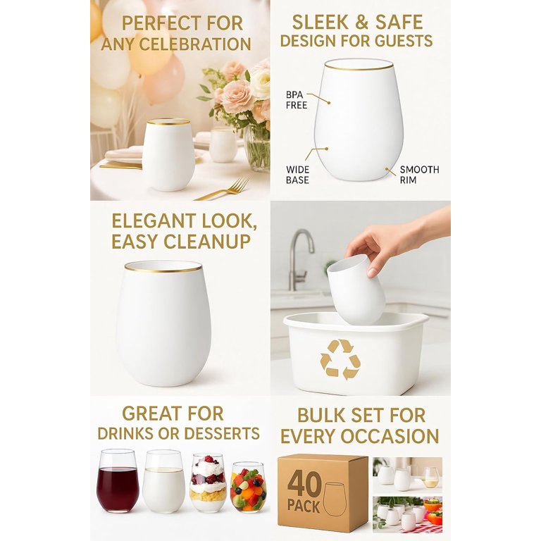 40 Pack Diamond Plastic Wine Glasses – Unbreakable Stemless Cups, Gold Rim, 12 Oz For Parties