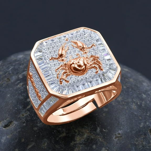 Mens 14K Rose Gold Finish Cancer Crab Zodiac Sign Astrology Horoscope Band Baguette & Round Cut Simulated Diamond Ring