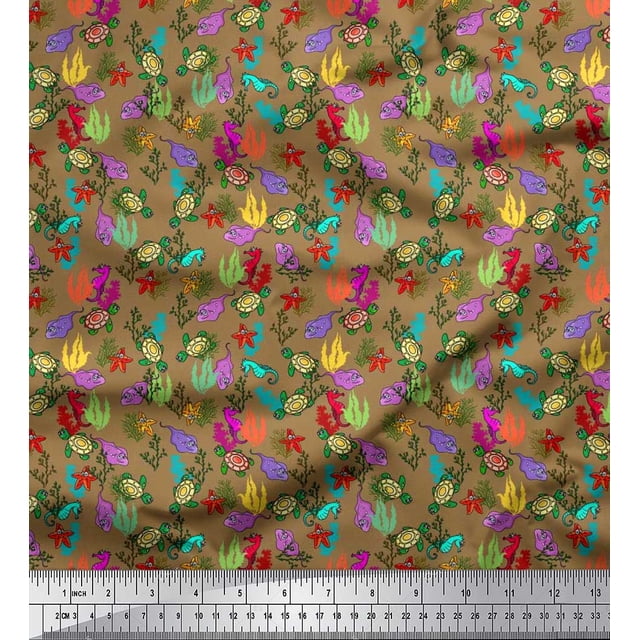 Soimoi Polyester Crepe Fabric Coral,Starfish & Turtle Ocean Decor Fabric Printed Yard 42 Inch Wide