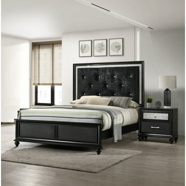 Modern 3pc Full Size Upholstered LED Backlit HB Black Bed Chest ...