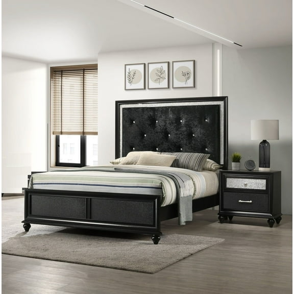 Modern Glam 3pc Queen Size Bedroom Set Black Finish Upholstered Panel Bed Nightstand Furniture
